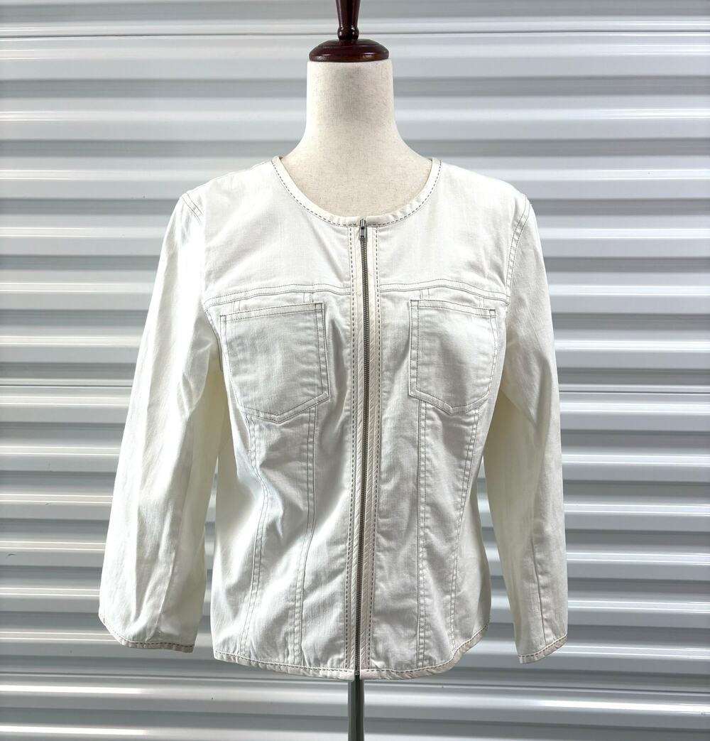 Sigrid Olsen Jacket, Cream Full Zip Blazer, Satin Trim, Women’s Size 14